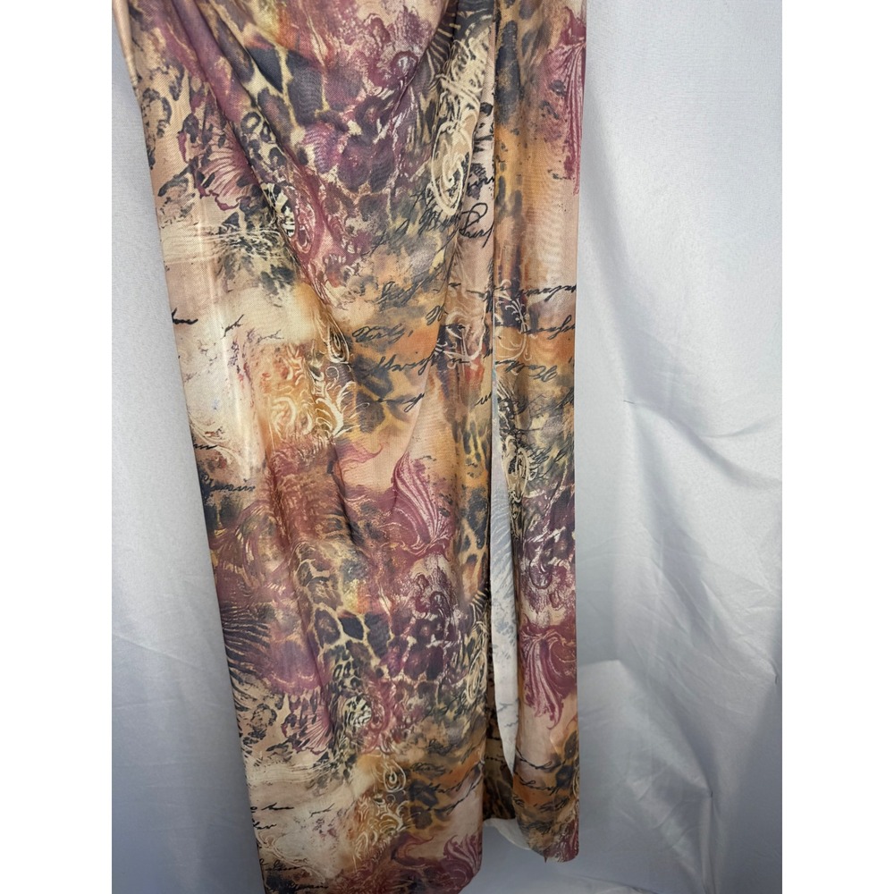 Vintage Mesh Maxi Dress Leopard Floral Script Print Ruffle Trim Bodycon Brown - Picture 10 of 13